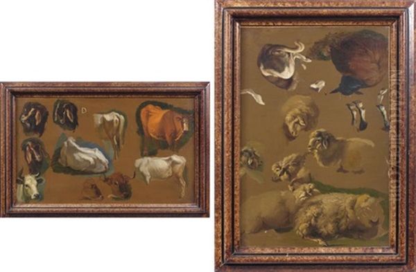 Moutons Et Chien De Berger (study)(+ Boeufs Et Boucs (study), Smllr; 2 Works) Oil Painting by Francesco Londonio