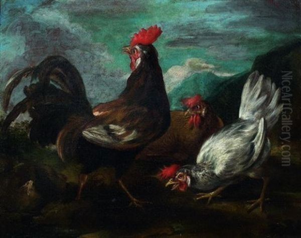 Coq Et Deux Poules Dans Un Paysage De Montagne Oil Painting by Francesco Londonio