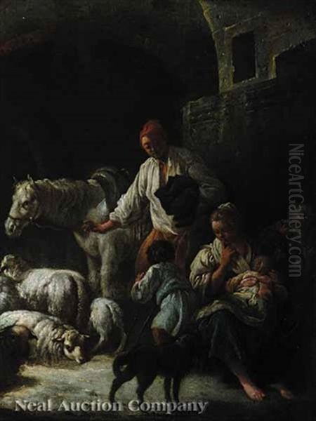 Shepard With His Young Family And Flock Oil Painting by Francesco Londonio