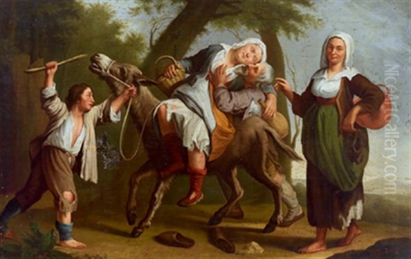 Eine Trunkene Frau Wird Auf Einem Esel Nach Hause Gefuhrt Oil Painting by Francesco Londonio