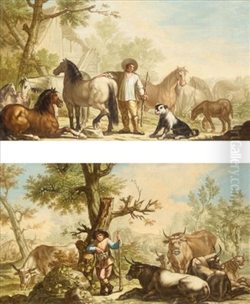 Landscape With A Stablehand With His Horses (+ Landscape With A Drover And His Cattle; Pair) Oil Painting by Francesco Londonio