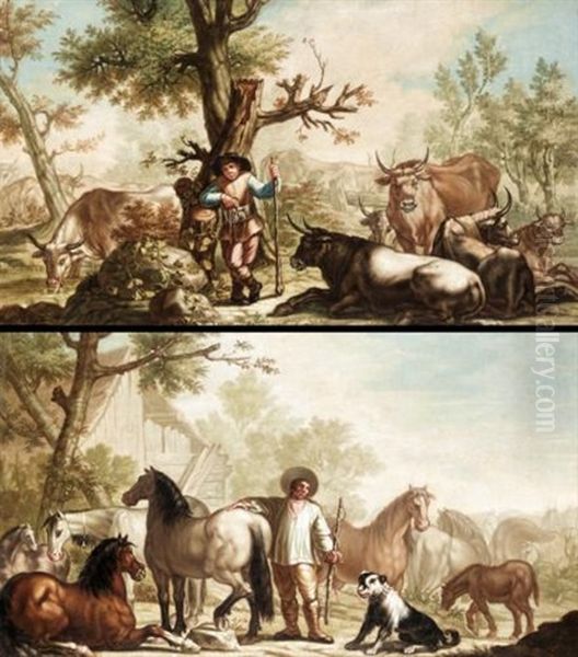 Landscape With A Drover And His Cattle (+ Landscape With A Stablehand With His Horses; Pair) Oil Painting by Francesco Londonio