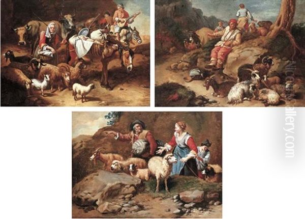 Shepherds With Their Grazing Sheep (+ 2 Others; Set Of 3) Oil Painting by Francesco Londonio