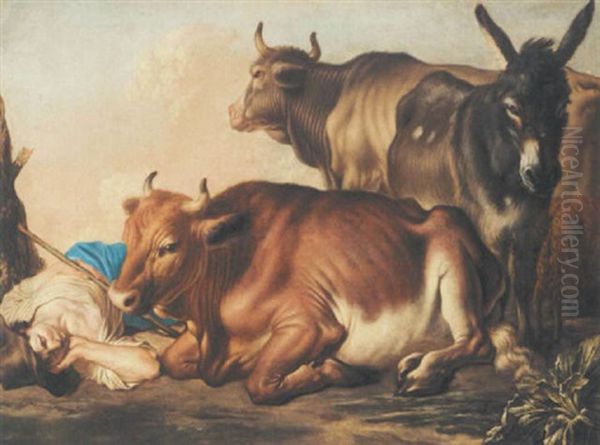 A Shepherd Asleep Beside Two Cows Oil Painting by Francesco Londonio