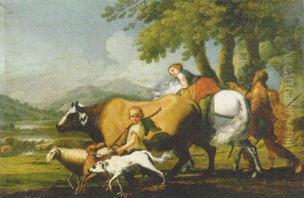 Familia De Campesinos Con Una Vaca, Un Caballo, Ovejas Y Un Perro En Un Paisaje Boscoso Oil Painting by Francesco Londonio