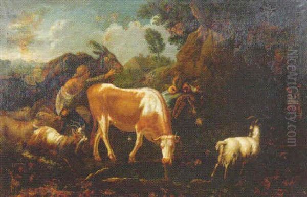 Ganadero Con Una Vaca, Un Burro Y Cabras En Un Paisaje Rocoso Oil Painting by Francesco Londonio