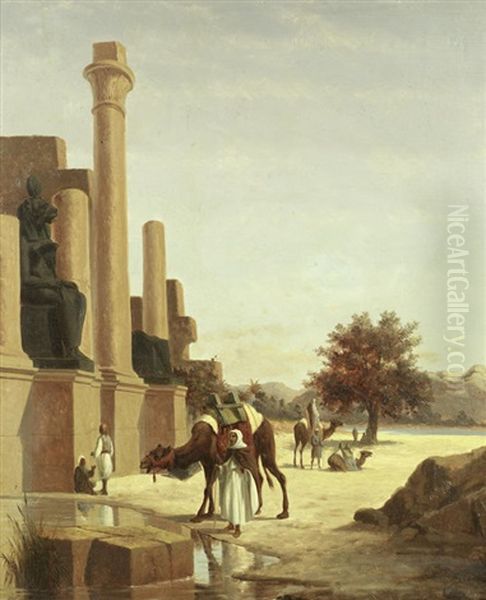 Camels And Riders Resting Before A Temple Oil Painting by Edwin Long