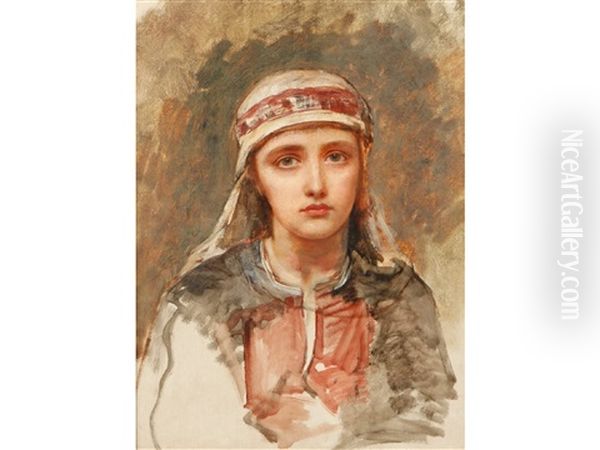 A Head And Shoulders Portrait Of An Arab Girl Wearing Traditional Dress Oil Painting by Edwin Long