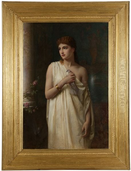 Portrait Of A Woman In Greco-roman Dress In An Interior Holding A Pigeon Oil Painting by Edwin Long