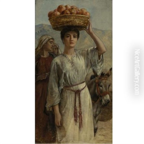 Woman Carrying A Basket Full Of Pomegranates Oil Painting by Edwin Long