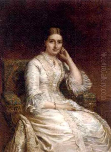 Portrait Of A Lady In A White Dress, In A Panelled Interior Oil Painting by Edwin Long