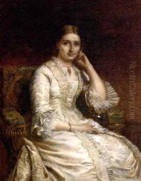 Portrait Of A Lady In A White Dress, In A Panelled Interior Oil Painting by Edwin Long