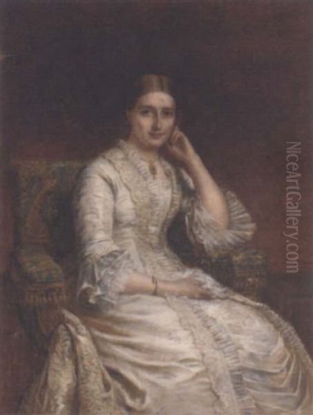 Portrait Of A Lady, Seated, In A White Dress, In A Panelled Interior Oil Painting by Edwin Long