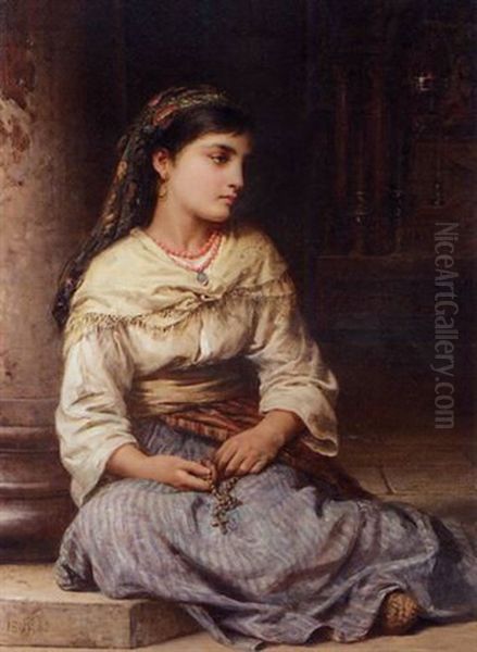 A Young Girl Holding A Rosary Oil Painting by Edwin Long