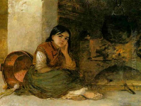 Girl By A Fireside Oil Painting by Edwin Long