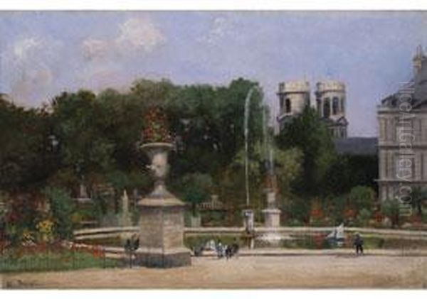 Ansicht Eines Herrschaftlichen Parks Mit Springbrunnenbassin, Grossen Vasen Und Einer Doppelturmen Kirche Im Hintergrund Oil Painting by A. Benoit