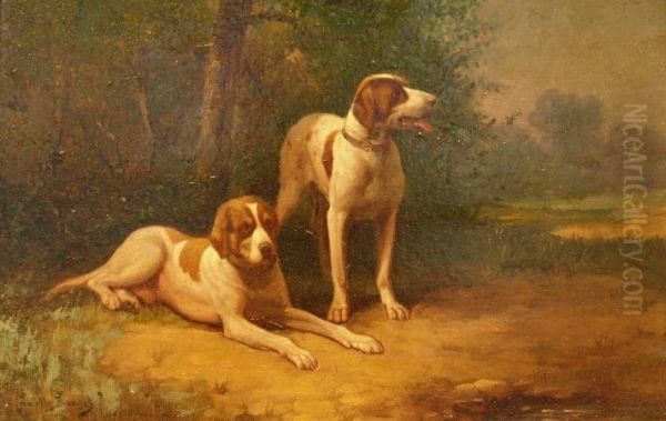 Two French Hounds Dogs In Clearing Oil Painting by Camille Benoit