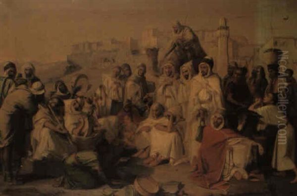 Figures Before A North African Town Oil Painting by Louis Anselme Longa