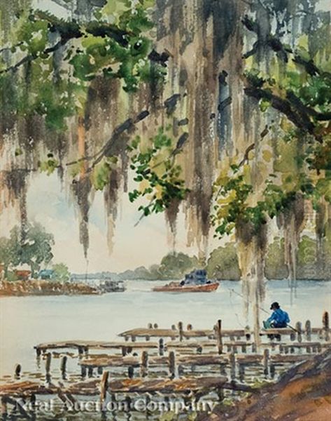 The Batture, Fishing Under The Live Oak Tree, Lafitte, Louisiana Oil Painting by Charles Oglesby Longabaugh