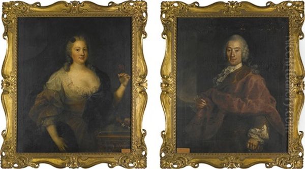 Portrait Of A Gentleman, Said To Be Sir William Stuart, 2nd Bt. (d. 1777), Three-quarter-length, Wearing Dark Red With Lace Sleeves; And His Wife, Lady Stuart (d. Circa 1779), Three-quarter-length, Wearing A Blue Dress And Holding A Red Flower In Her Left Oil Painting by Alessandro Longhi