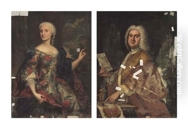 Portrait Of A Nobleman, Half-length, In A Gold-embroidered Jacket And Portrait Of A Lady, Half-length, In A Richly Embroidered Dress (2 Works) Oil Painting by Alessandro Longhi