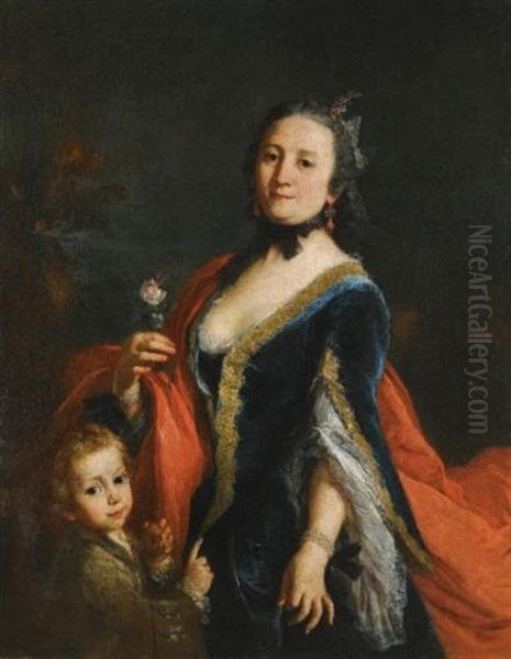 Portrait Of A Lady, Standing, Holding A Rose And A Boy Holding An Apple Beside Her Oil Painting by Alessandro Longhi