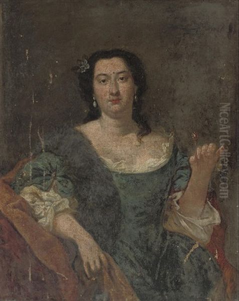 Portrait Of A Lady In A Blue Dress And Brown Mantle, A Jewelled Pin In Her Left Hand Oil Painting by Alessandro Longhi