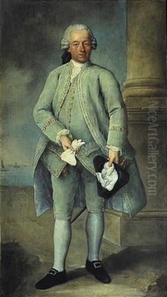 Portrait Of A Gentleman Wearing A Powder-blue Costume And Holding A Tricorn Hat And Gloves, The Venetian Lagoon Beyond Oil Painting by Alessandro Longhi