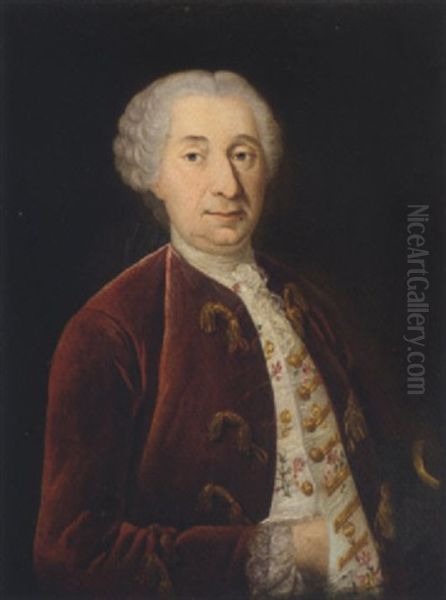 Portrait Of A Gentleman In A Red Coat And Florally Embroidered Waistcoat Oil Painting by Alessandro Longhi