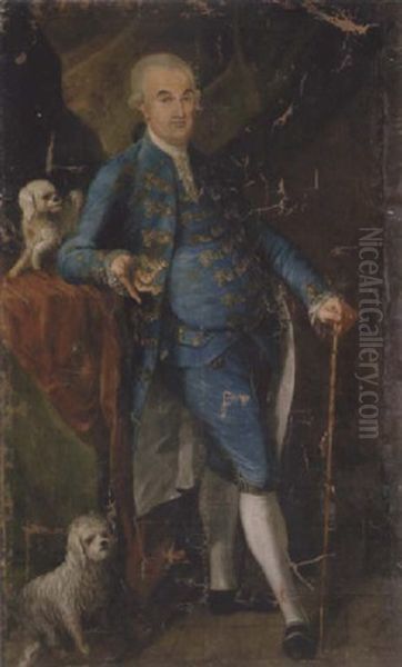 Portrait Of A Gentleman By A Table, In A Blue Costume With Gold Embroidery, Two Spaniels At His Side, Holding A Cane In His Left Hand by Alessandro Longhi