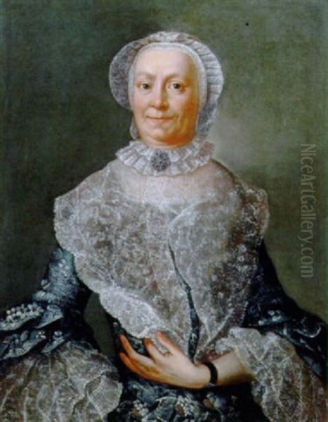 Portrait Of An Elderly Woman Wearing A Light Blue Satin Dress With Lace Cuffs, Collar And Bonnet Oil Painting by Alessandro Longhi