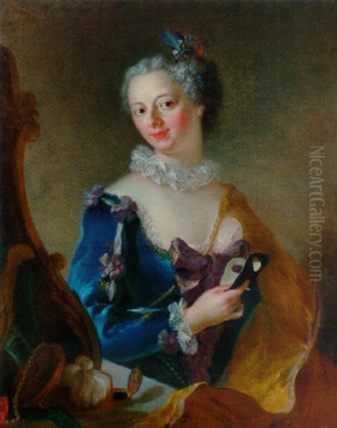 Portrait Of A Lady Wearing A Blue Dress With White Lace Trim Before A Mirror, Holding A Mask In Her Right Hand Oil Painting by Alessandro Longhi