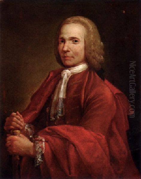 Portrait Of A Gentleman In A Brown Coat And A Red Mantle, Holding A Walking Cane Oil Painting by Alessandro Longhi