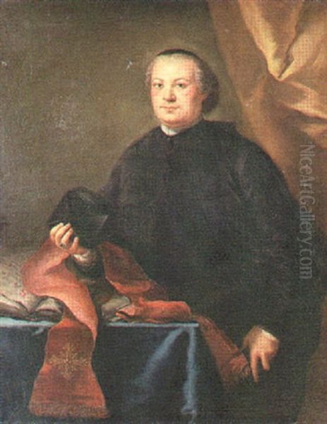 Portrait Of A Prelate In A Black Cassock Holding A Biretta, By A Table In A Draped Interior Oil Painting by Alessandro Longhi