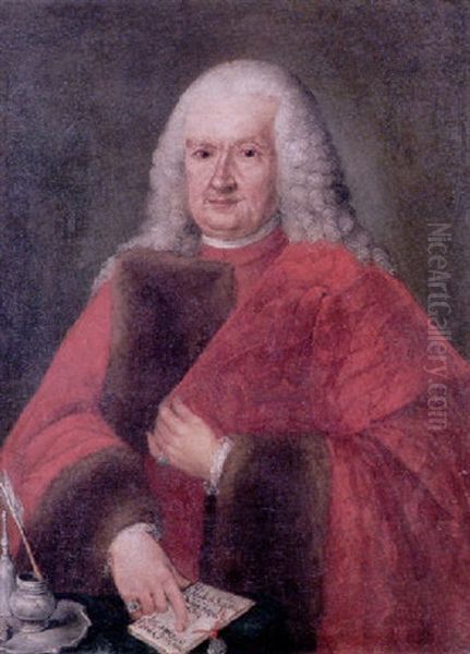 Portrait Of Aloisio Foscari Seated At A Table Wearing The Red Robes Of A Venetian Senator, Pointing To A Sealed Letter Oil Painting by Alessandro Longhi