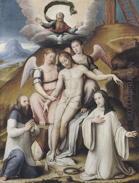 Pieta With Two Angels And A Bishop And A Nun Kneeling Before The Dead Christ Oil Painting by Lucca Longhi