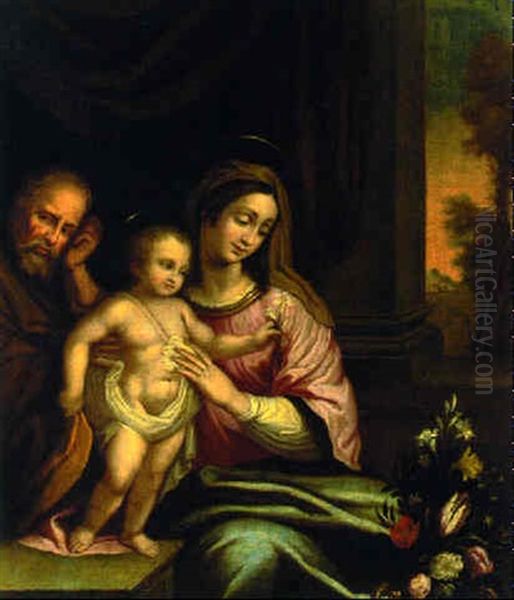 The Holy Family On A Terrace With A Vase Of Flowers Oil Painting by Lucca Longhi