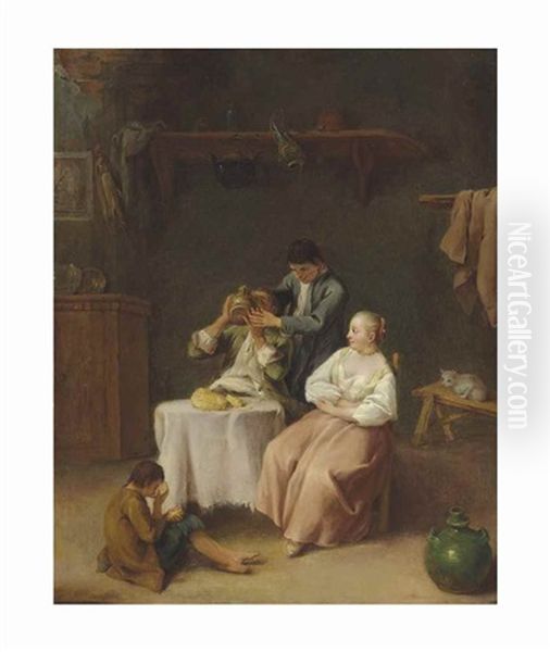 Figures Eating And Drinking In An Interior Oil Painting by Pietro Longhi