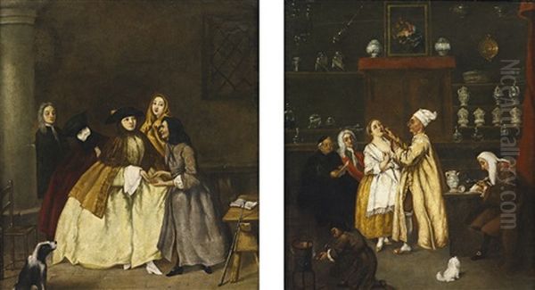 The Fortune Teller And The Apothecary (2 Works) Oil Painting by Pietro Longhi