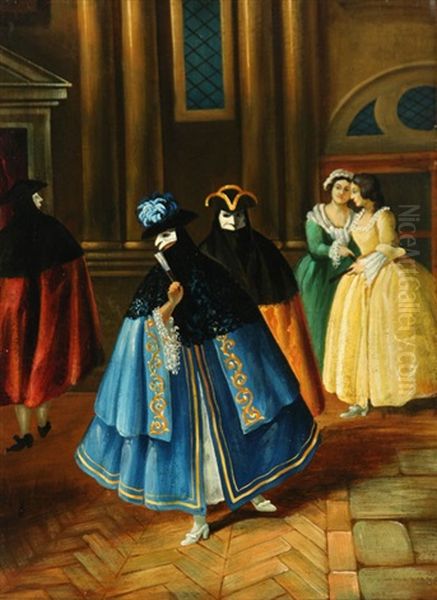 Masqueraders At Carnival (2 Works) Oil Painting by Pietro Longhi