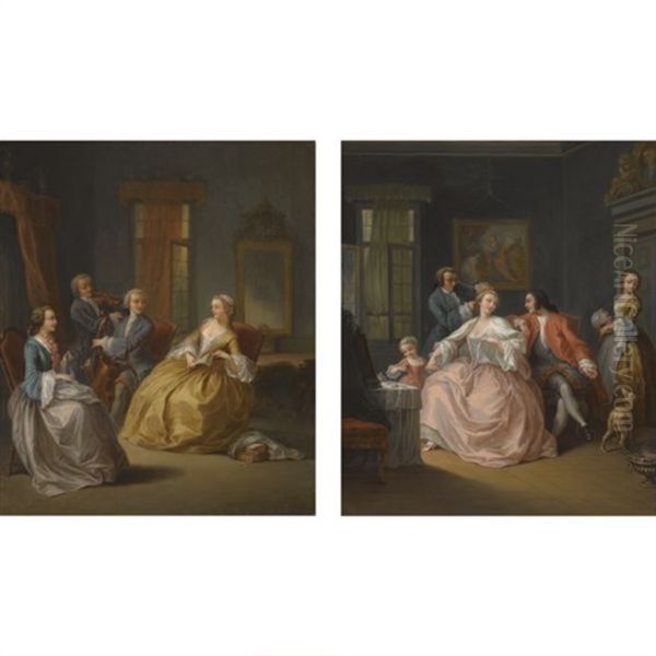 Violinist And A Cellist Playing For Two Ladies (+ Lady Having Her Hair Coiffured, Seated Beside A Child And A Man, Two Maids Beyond; Pair) Oil Painting by Pietro Longhi