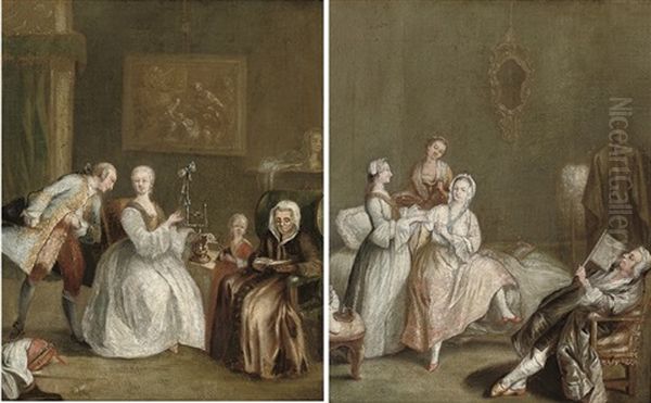 Elegant Company In An Interior With A Lady Spinning Wool (+ A Lady In Her Bed Chamber; Pair) Oil Painting by Pietro Longhi