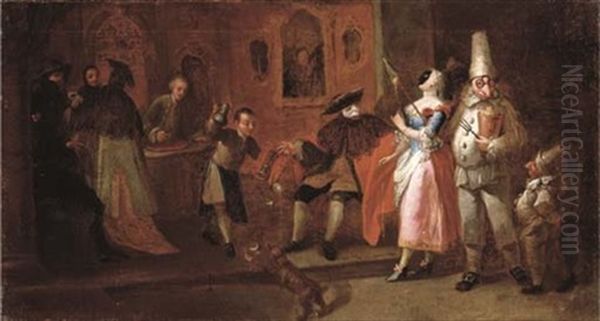 A Coffee House With Commedia Dell'arte Figures Oil Painting by Pietro Longhi