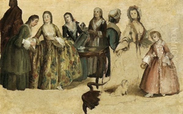 Gentildonna Che Compie Il Suo Abbigliamento; Il Sarto; La Lezione Di Danza Oil Painting by Pietro Longhi