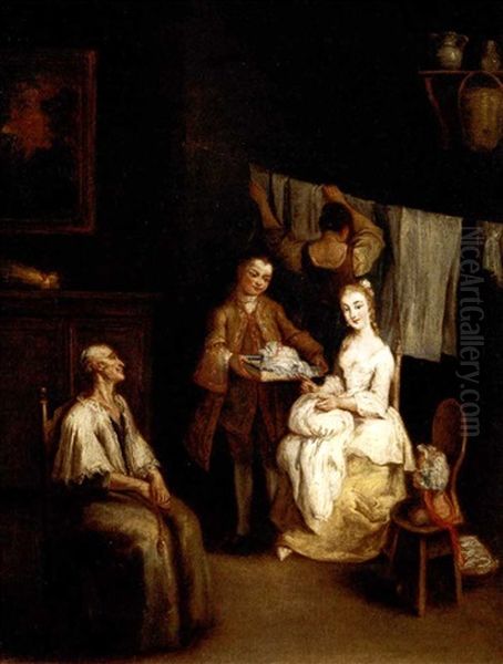 An Interior With A Boy-servant Bringing A Young Lady A Bonnet, An Elderly Lady Seated Nearby And A Maid Hanging Laundry Beyond (la Modista) Oil Painting by Pietro Longhi