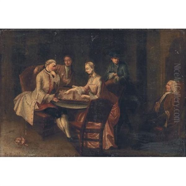 A Gentleman And A Lady Playing Tric-trac In An Interior Oil Painting by Pietro Longhi