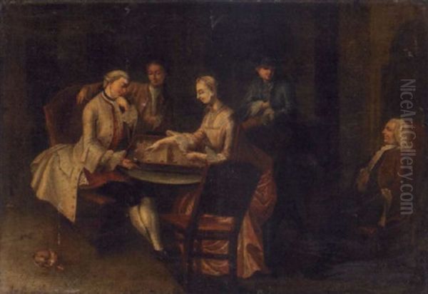 A Gentleman And A Lady Playing Tric-trac In An Interior Oil Painting by Pietro Longhi