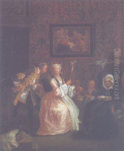 Damengesellschaft Im Salon, Durch Einen Gast Gestort Oil Painting by Pietro Longhi