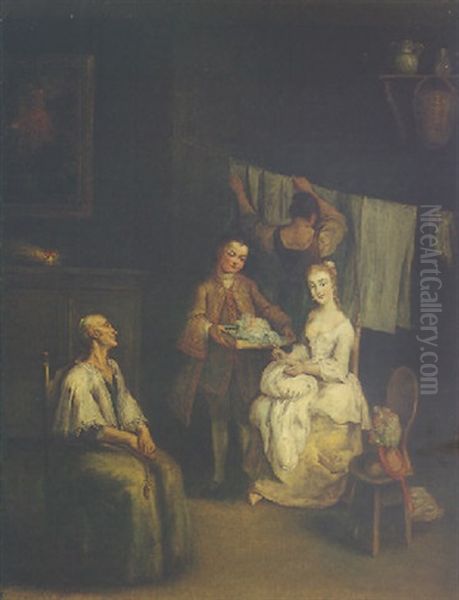 An Interior With A Boy-servant Bringing A Young Lady A Bonnet, An Eldery Lady Seated Nearby And A Maid Hanging Laundry Beyond Oil Painting by Pietro Longhi