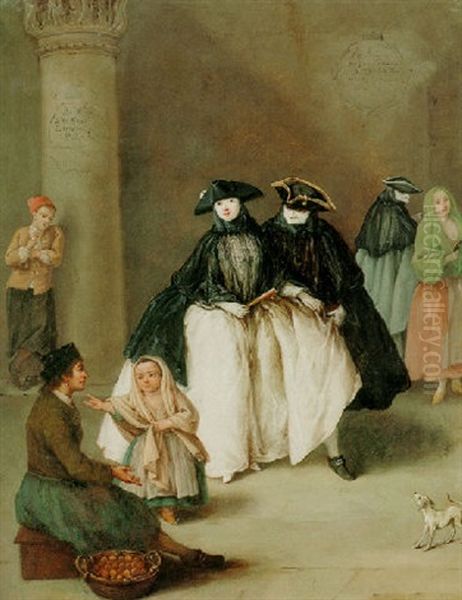 Two Elegant Figures In Mask With A Fruit Seller Oil Painting by Pietro Longhi